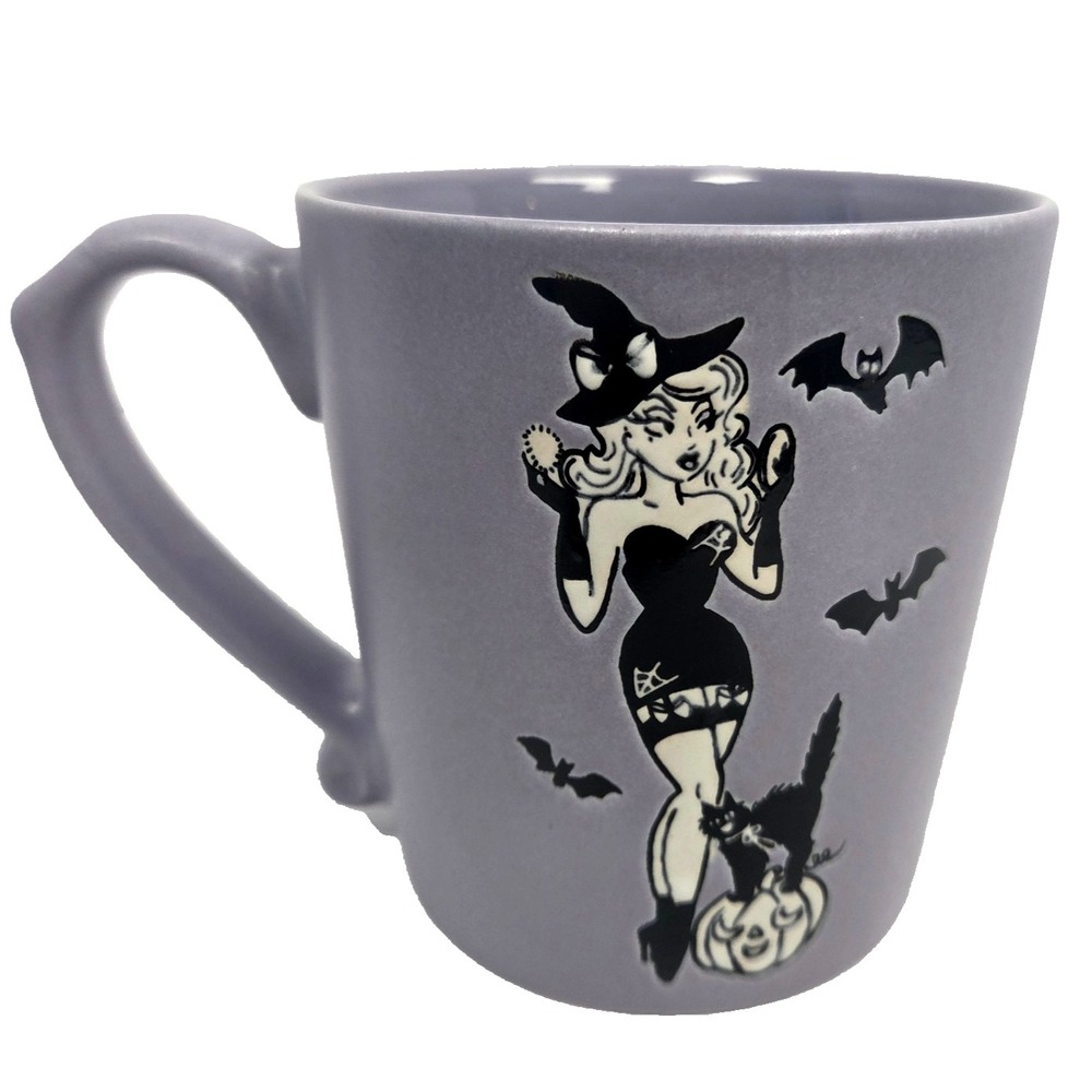 Spectrum Designz Witch Mug Black Cat Bats Lavender Ceramic Coffee Cup Gothic